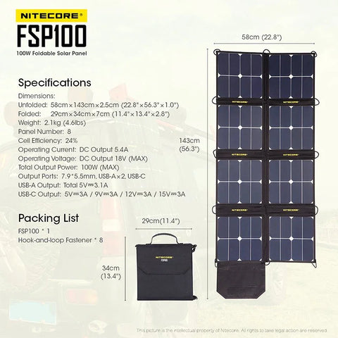Nitecore FSP100 Foldbart Solpanel 100W - Bærbart Solpanel 100W