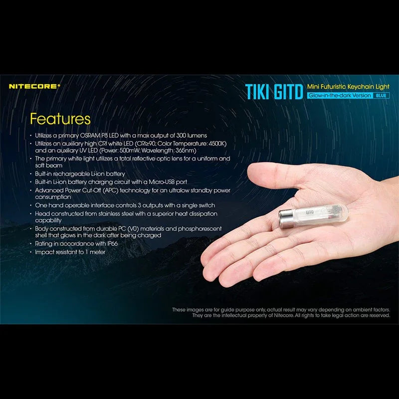 Nitecore TIKI GITD Blue Nyckelringslampa USB-C - 300lm - Action King