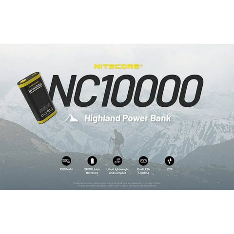 Nitecore NC10000 Highland Powerbank - Bærbart batteri Dual LED - 10000mAh, 1xUSB-C, QC 3.0 / PD 20W, 5V, 3A