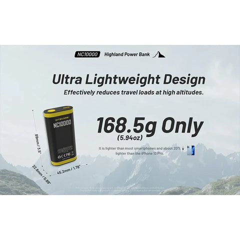 Nitecore NC10000 Highland Powerbank - Bærbart batteri Dual LED - 10000mAh, 1xUSB-C, QC 3.0 / PD 20W, 5V, 3A