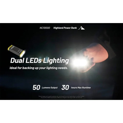 Nitecore NC10000 Highland Powerbank - Bærbart batteri Dual LED - 10000mAh, 1xUSB-C, QC 3.0 / PD 20W, 5V, 3A