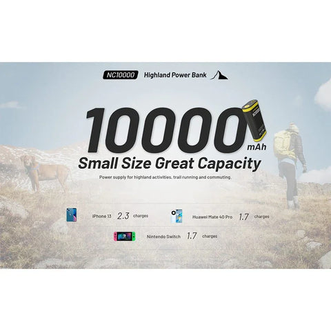 Nitecore NC10000 Highland Powerbank - Bærbart batteri Dual LED - 10000mAh, 1xUSB-C, QC 3.0 / PD 20W, 5V, 3A