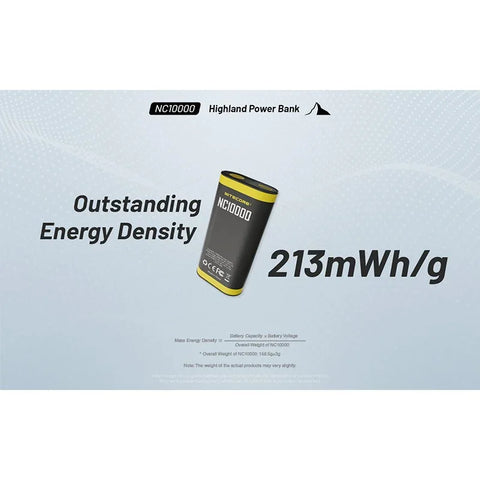 Nitecore NC10000 Highland Powerbank - Bærbart batteri Dual LED - 10000mAh, 1xUSB-C, QC 3.0 / PD 20W, 5V, 3A