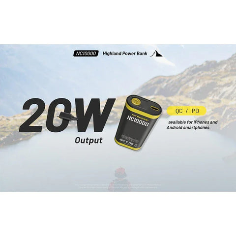 Nitecore NC10000 Highland Powerbank - Bærbart batteri Dual LED - 10000mAh, 1xUSB-C, QC 3.0 / PD 20W, 5V, 3A