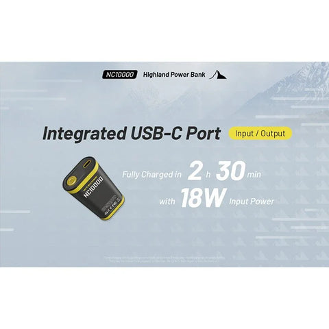Nitecore NC10000 Highland Powerbank - Bærbart batteri Dual LED - 10000mAh, 1xUSB-C, QC 3.0 / PD 20W, 5V, 3A