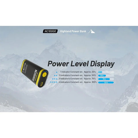 Nitecore NC10000 Highland Powerbank - Bærbart batteri Dual LED - 10000mAh, 1xUSB-C, QC 3.0 / PD 20W, 5V, 3A