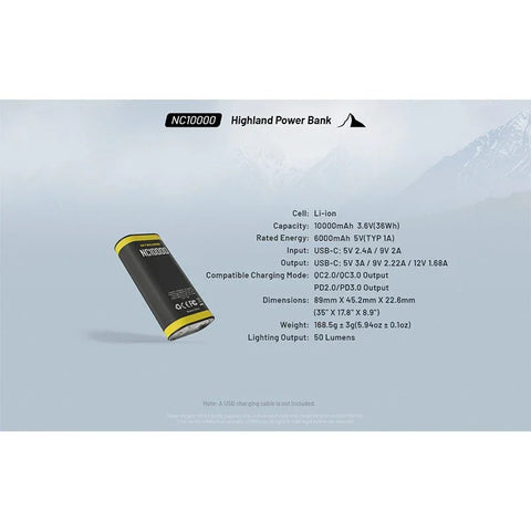 Nitecore NC10000 Highland Powerbank - Bærbart batteri Dual LED - 10000mAh, 1xUSB-C, QC 3.0 / PD 20W, 5V, 3A
