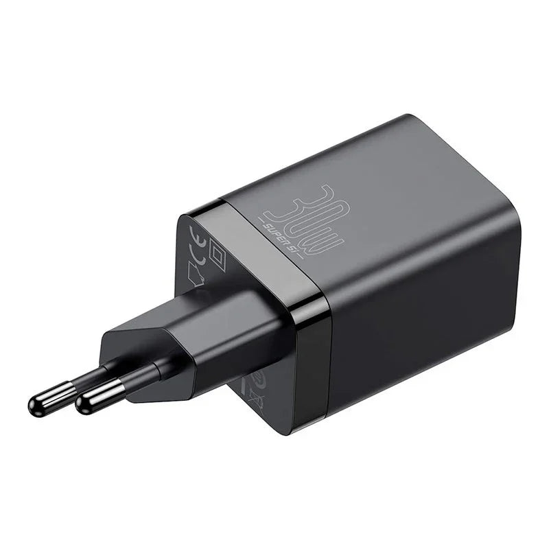 Baseus Super Si Pro Quick Charger - Väggladdare - Snabbladdare QC3.0 / PD 30W - 100-240V till USB - 2xUSB Typ A/C - Svart - Action King