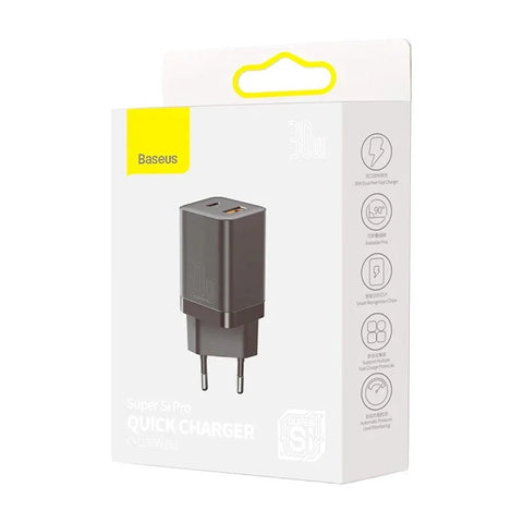 Baseus Super Si Pro Quick Charger - Vægoplader - Hurtigoplader QC3.0 / PD 30W - 100-240V til USB - 2xUSB Type A/C - Sort