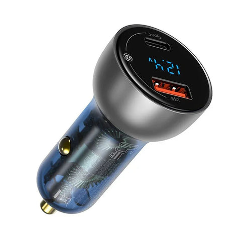 Baseus Particular Digital Display Bil - Hurtigoplader Bil QC4+ / PPS 65W - 2xUSB Type A/C, Med Display - Grå