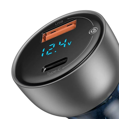 Baseus Particular Digital Display Bil - Hurtigoplader Bil QC4+ / PPS 65W - 2xUSB Type A/C, Med Display - Grå