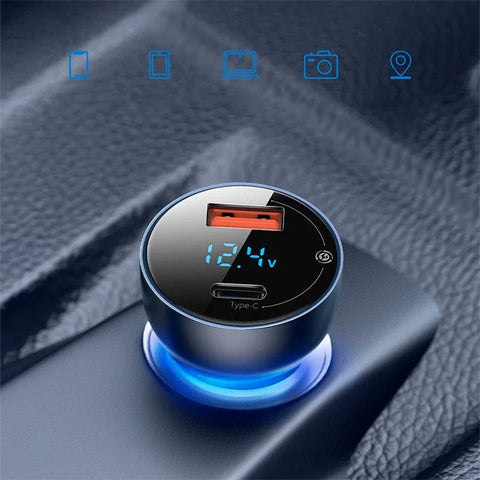 Baseus Particular Digital Display Bil - Hurtigoplader Bil QC4+ / PPS 65W - 2xUSB Type A/C, Med Display - Grå