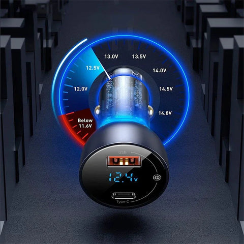 Baseus Particular Digital Display Bil - Hurtigoplader Bil QC4+ / PPS 65W - 2xUSB Type A/C, Med Display - Grå