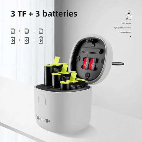 Telesin batterier 3 stk. og allInBox med opbevaring til batterier + microSD-læser - Triple - til GoPro Hero12/11/10/9 Sort