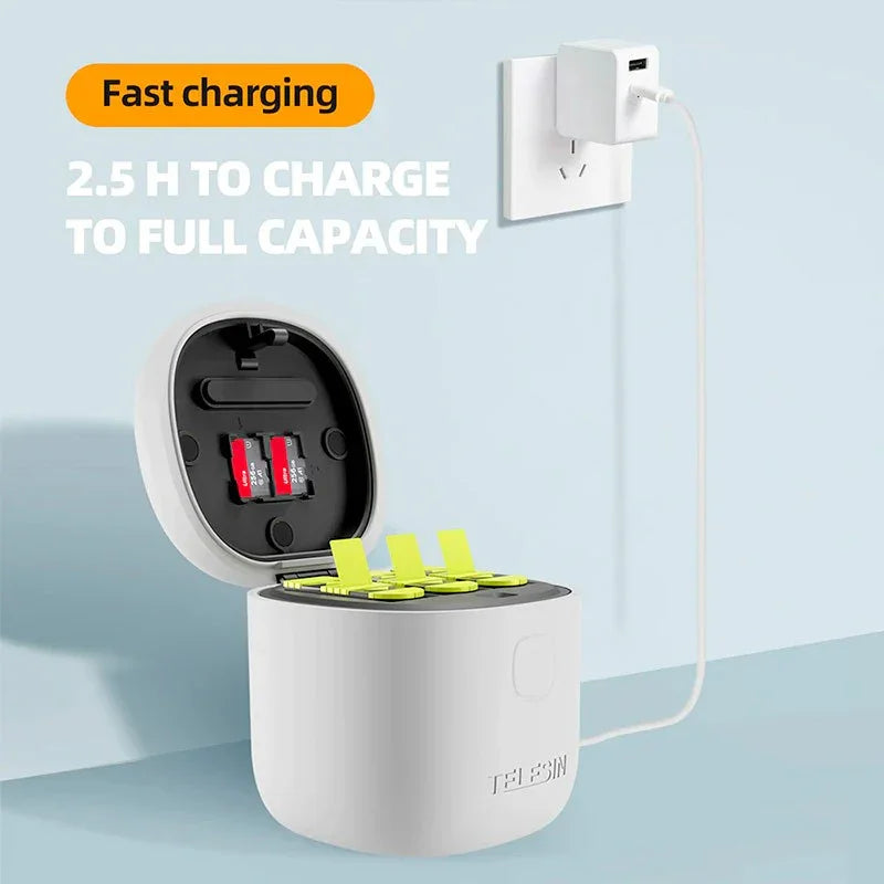 Telesin batterier 3st och allInBox med förvaring för batterier + microSD Läsare - Trippel - för GoPro Hero12/11/10/9 Black - Action King