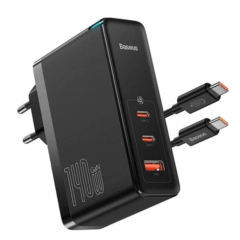 Baseus GaN5 Pro 140W Vægoplader - Vægoplader - Hurtigoplader PD/QC/PPS - 110-240V til USB - 3xUSB Type A/C - Sort