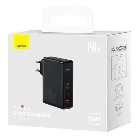 Baseus GaN5 Pro 140W Vægoplader - Vægoplader - Hurtigoplader PD/QC/PPS - 110-240V til USB - 3xUSB Type A/C - Sort