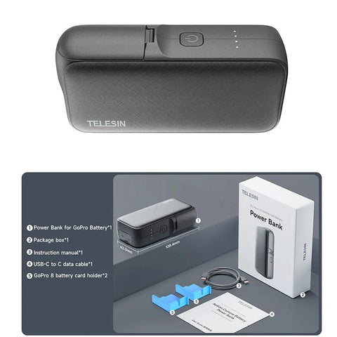 Telesin GoPro Multi-Batterioplader og Powerbank 10000mAh med akkumulatorer - Dobbelt - til GoPro Hero12/11/10/9/8/7/6/5