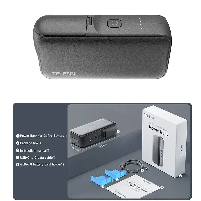 Telesin GoPro Multi-Batteriladdare och Powerbank 10000mAh med förvaring batterier - Dubbel - för GoPro Hero12/11/10/9/8/7/6/5 - Action King