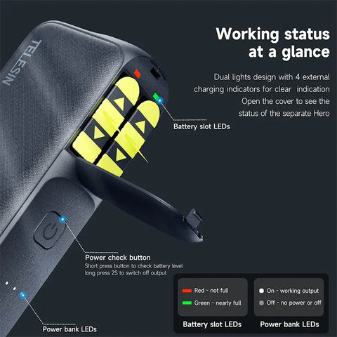 Telesin GoPro Multi-Batterioplader og Powerbank 10000mAh med akkumulatorer - Dobbelt - til GoPro Hero12/11/10/9/8/7/6/5