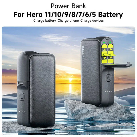 Telesin GoPro Multi-Batterioplader og Powerbank 10000mAh med akkumulatorer - Dobbelt - til GoPro Hero12/11/10/9/8/7/6/5