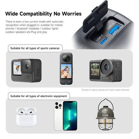 Telesin GoPro Multi-Batterioplader og Powerbank 10000mAh med akkumulatorer - Dobbelt - til GoPro Hero12/11/10/9/8/7/6/5