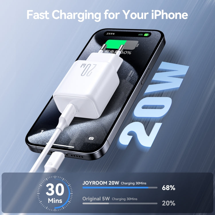 JOYROOM USB-C Laddare 20W med PD-teknik. Vit, kompakt laddare på en plan yta.