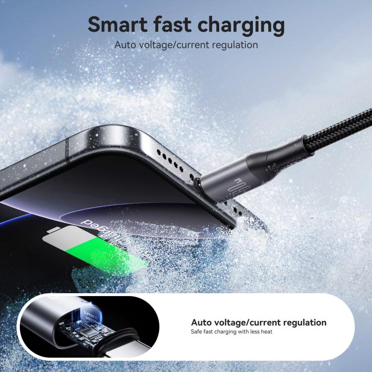 JOYROOM USB-C Laddkabel för Snabbladdning 60W, flätad nylon, grå, nära en laptop.