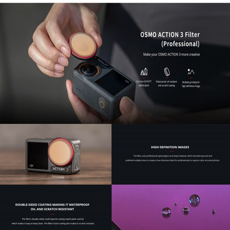 PGYTECH filterkit för DJI Osmo Action 3, set med flera filter för förbättrade videor i varierande ljus.