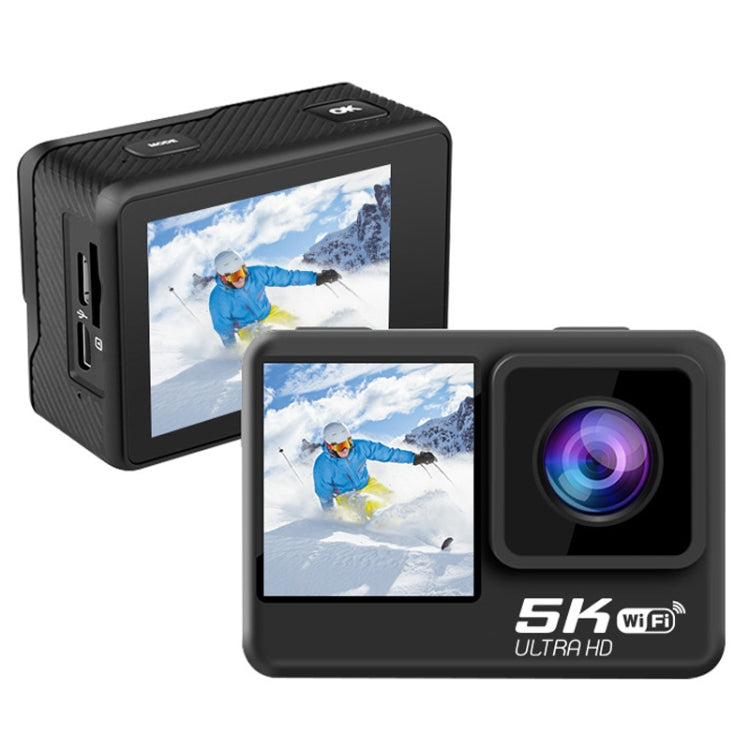 5K Actionkamera med Dubbla Skärmar, 5K/30FPS WIFI HD Anti-Shake – svart, redo för äventyr.