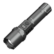 Uppladdningsbar LED-ficklampa med zoom och LCD-display, 3000 mAh batteri för långvarig användning.