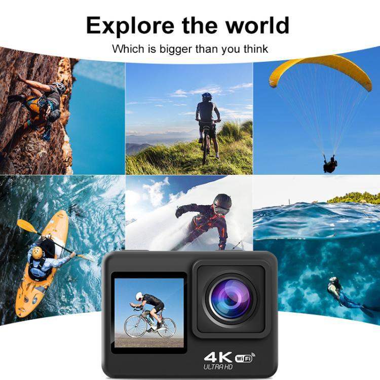 Sportkamera Q60TR: WIFI vidvinkel, EIS, pekskärm, dubbla skärmar, fjärrkontroll. Inspela action högupplöst.