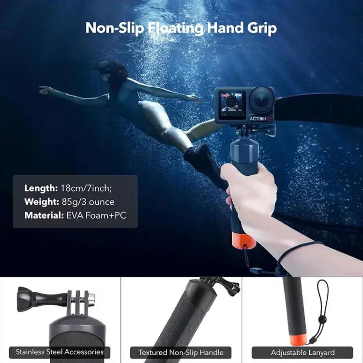 For DJI Action 5 Pro/4/3 Waterproof Diving Case with Buoyancy Float Stick Kit Includes Anti-Fog Inserts, Mounting Base - Action King