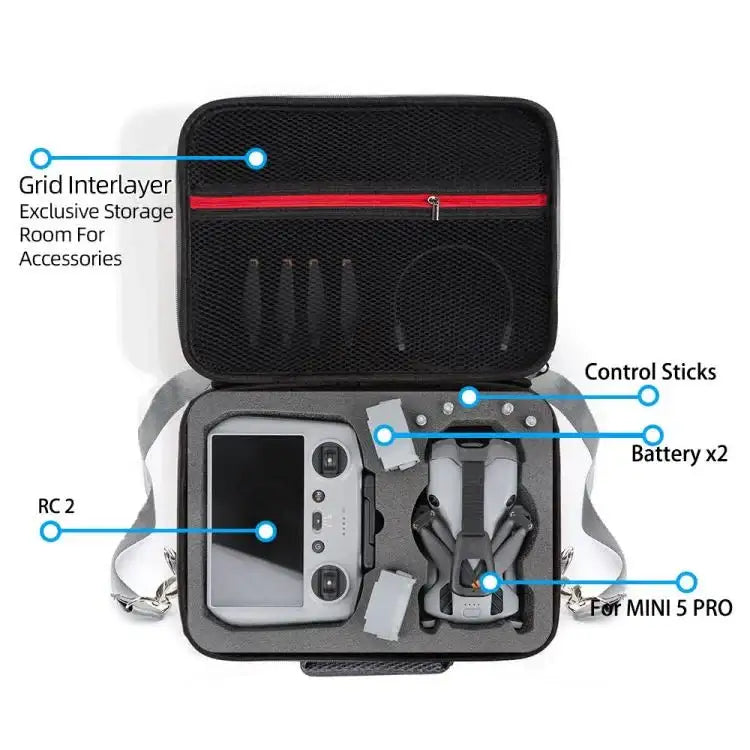 Skyddande, stöttålig förvaringsväska för DJI Mini 5 Pro drönare med plats för tillbehör. Robust hårdskal.